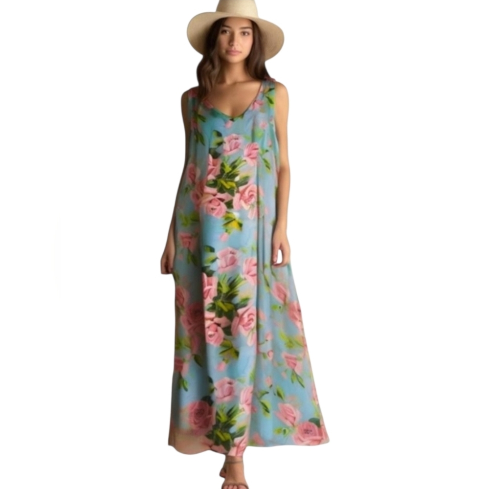 Vintage 90s Betsey Johnson Sheer Roses Maxi Dress Floral Pink And Aqua M